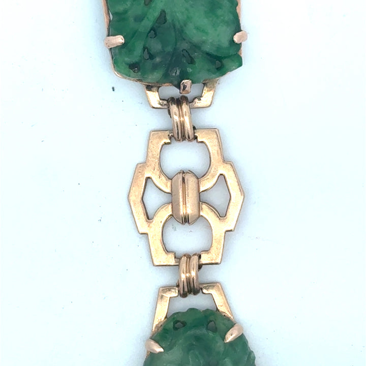 Mid Century Luck, Fortune & Fate Carved Jade & 14K Yellow Gold Bracelet