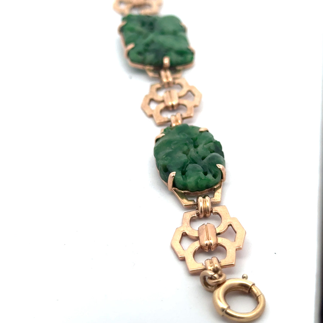Mid Century Luck, Fortune & Fate Carved Jade & 14K Yellow Gold Bracelet