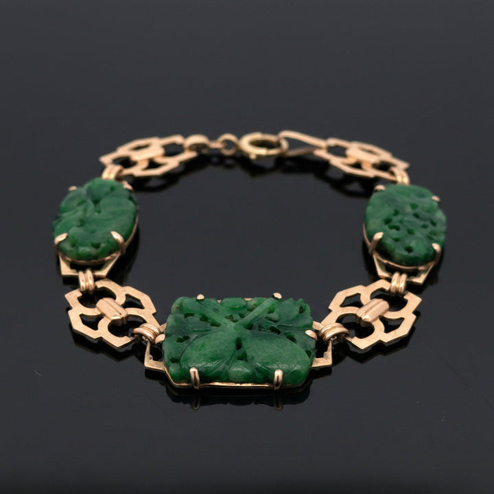 Mid Century Luck, Fortune & Fate Carved Jade & 14K Yellow Gold Bracelet