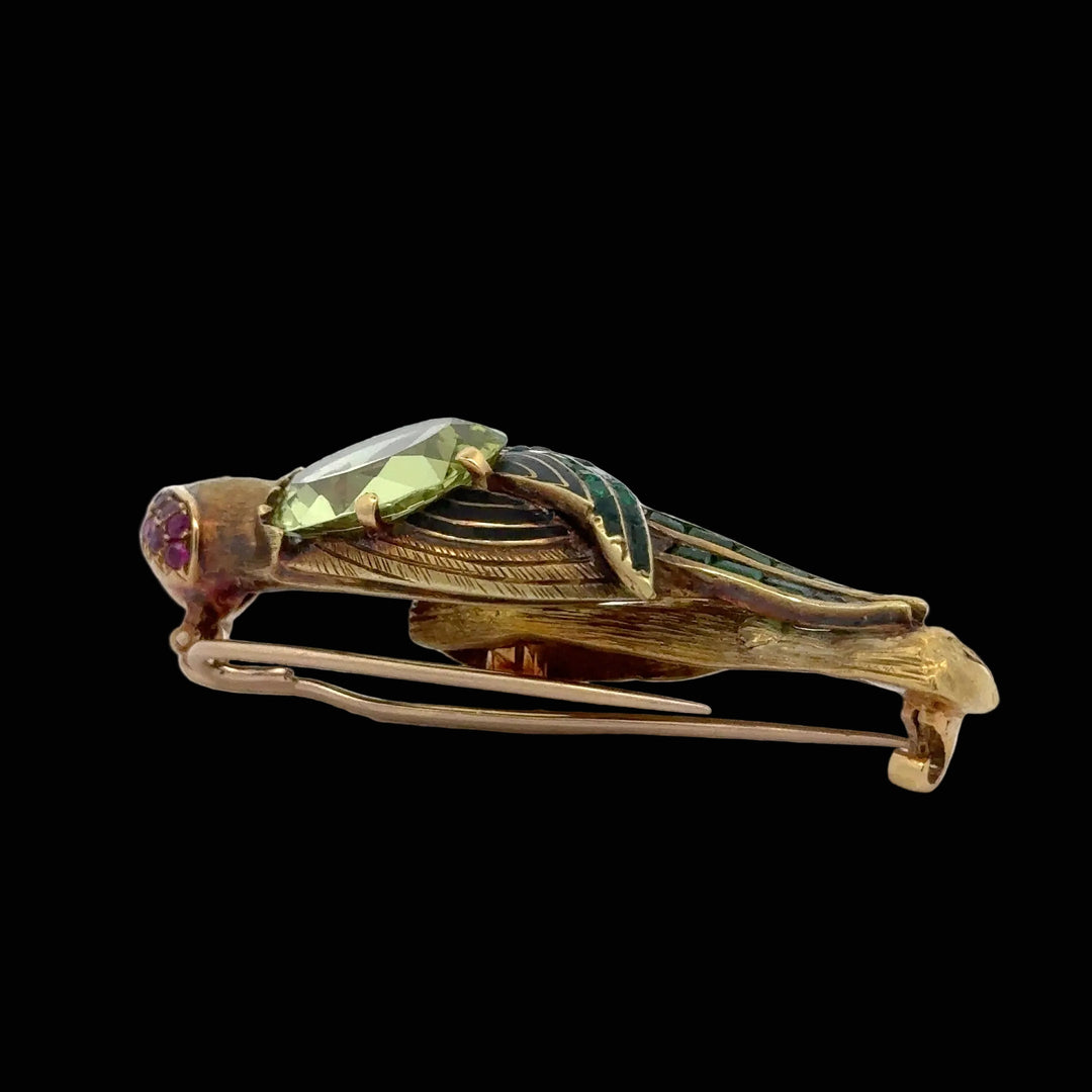 Vintage Woodpecker 1960's Diamond, Emerald, Ruby, Citrine 18Kt Yellow & White Gold Brooch