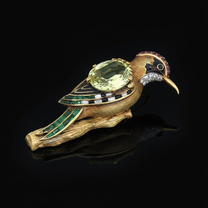 Vintage Woodpecker 1960's Diamond, Emerald, Ruby, Citrine 18Kt Yellow & White Gold Brooch