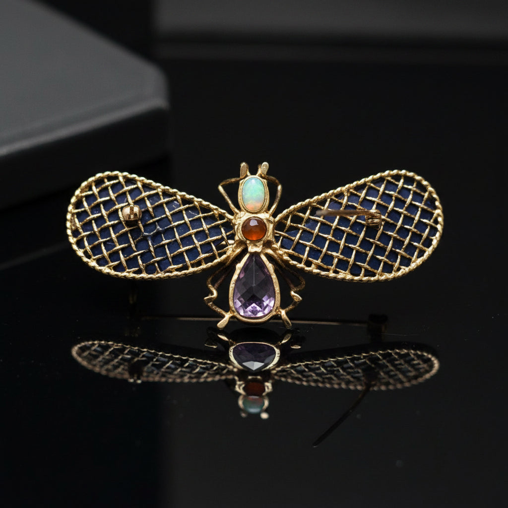 Estate Hand Made Lapis, Opal, Amethyst and Citrine Butterfly 14Kt Yellow Gold Pendant/Brooch