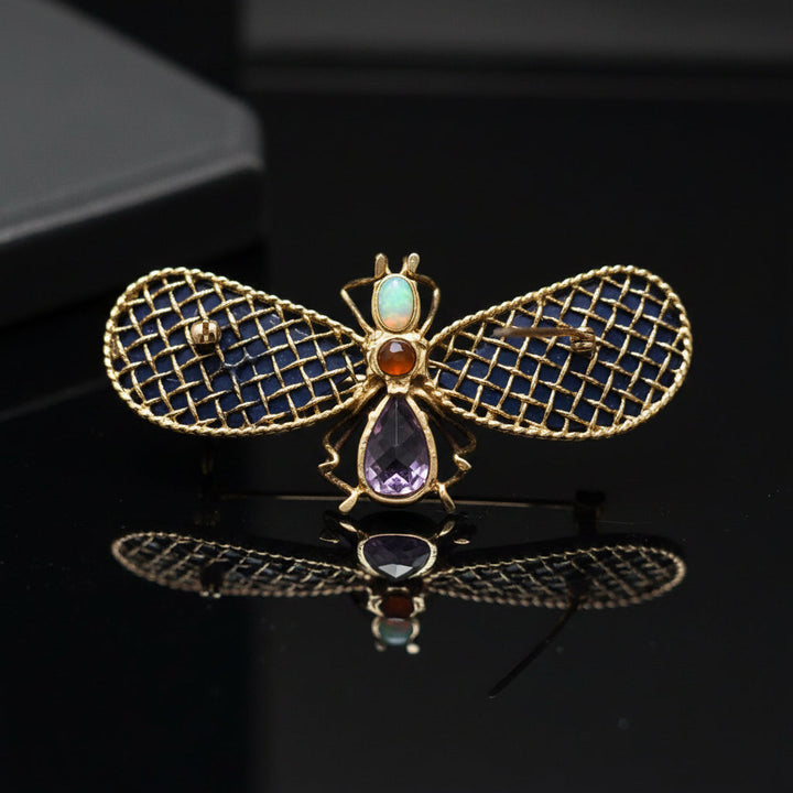 Estate Hand Made Lapis, Opal, Amethyst and Citrine Butterfly 14Kt Yellow Gold Pendant/Brooch