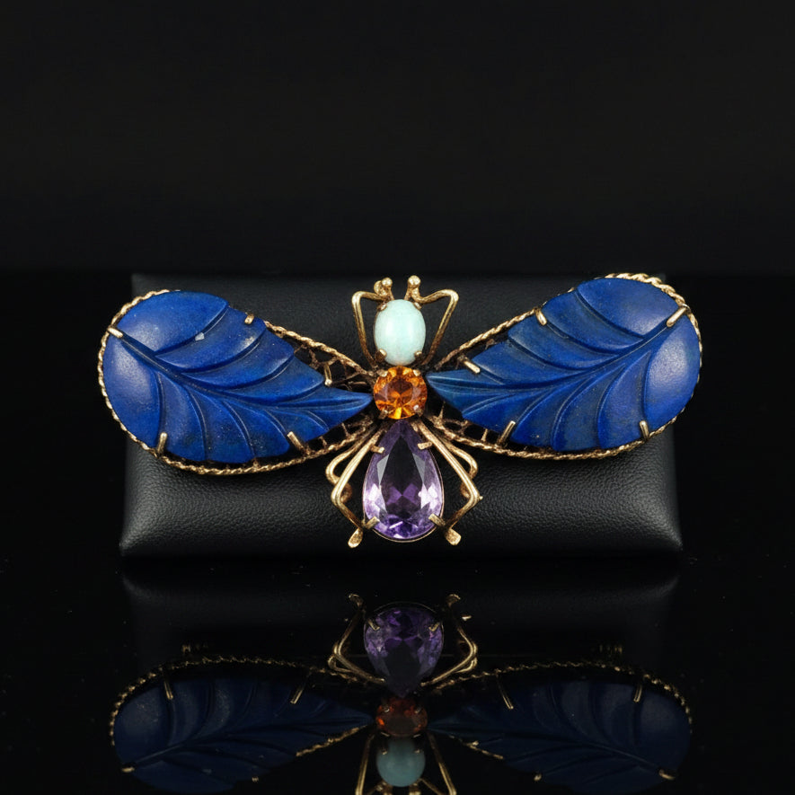 Estate Hand Made Lapis, Opal, Amethyst and Citrine Butterfly 14Kt Yellow Gold Pendant/Brooch