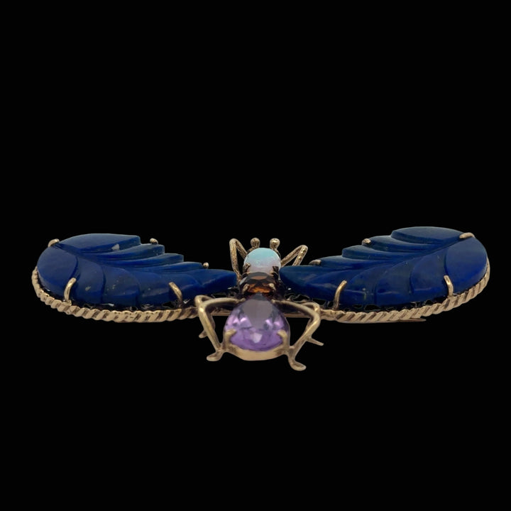 Estate Hand Made Lapis, Opal, Amethyst and Citrine Butterfly 14Kt Yellow Gold Pendant/Brooch