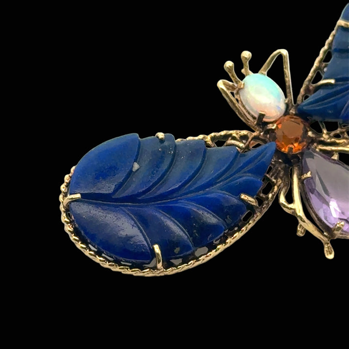 Estate Hand Made Lapis, Opal, Amethyst and Citrine Butterfly 14Kt Yellow Gold Pendant/Brooch