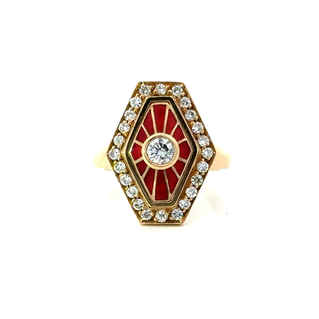 18K Yellow Gold Diamond & Red Enamel Cocktail Ring