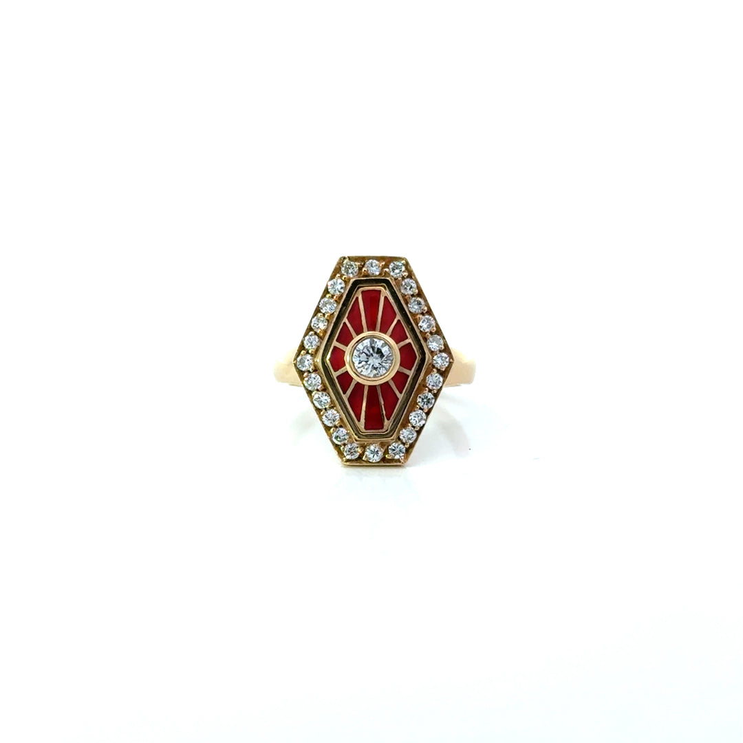 18K Yellow Gold Diamond & Red Enamel Cocktail Ring