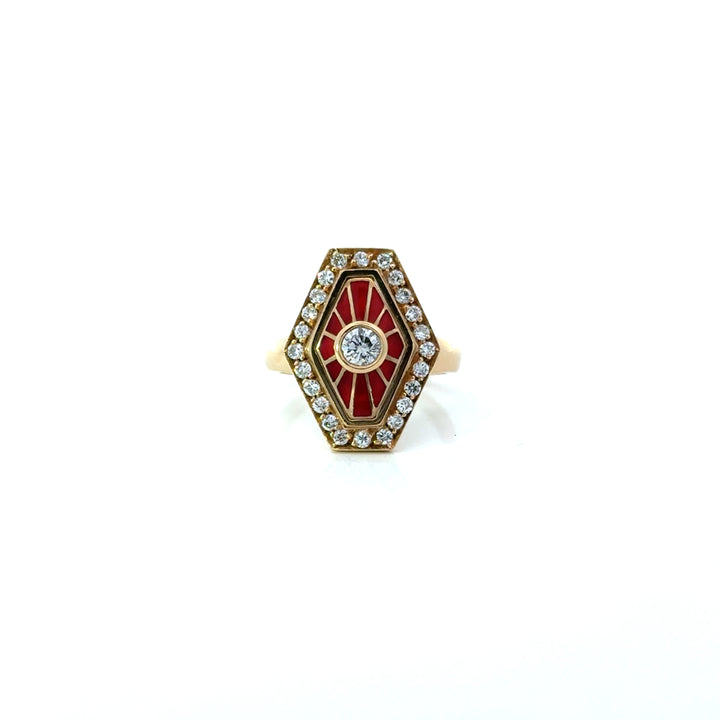 18K Yellow Gold Diamond & Red Enamel Cocktail Ring