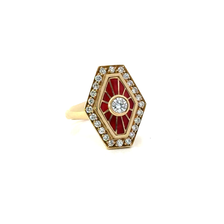 18K Yellow Gold Diamond & Red Enamel Cocktail Ring
