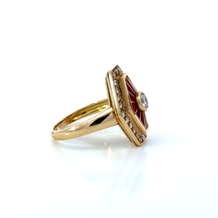 18K Yellow Gold Diamond & Red Enamel Cocktail Ring