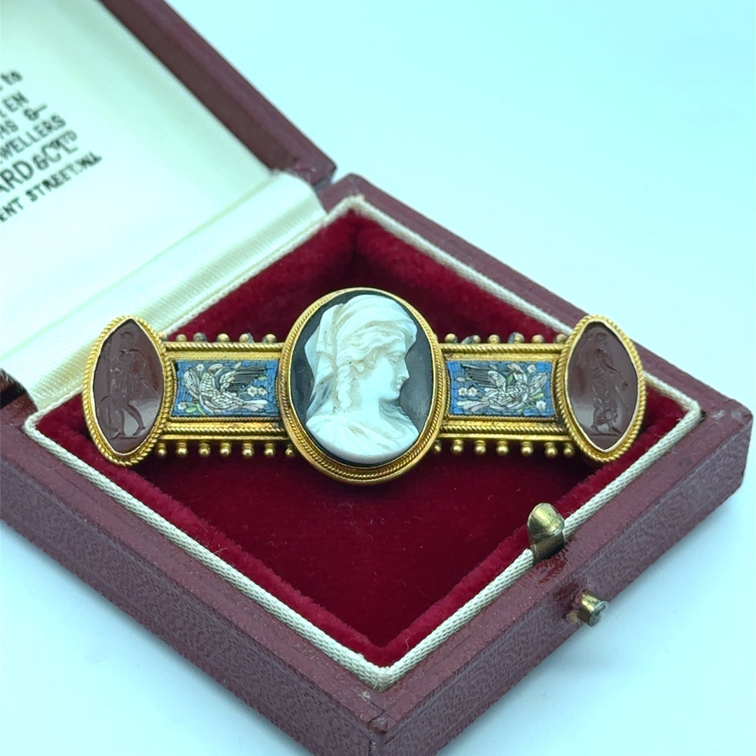 Circa 1870 Italian Archaeological Revival 18K Yellow Gold Hardstone Cameo, Carnelian Intaglio and Micromosaic Brooch