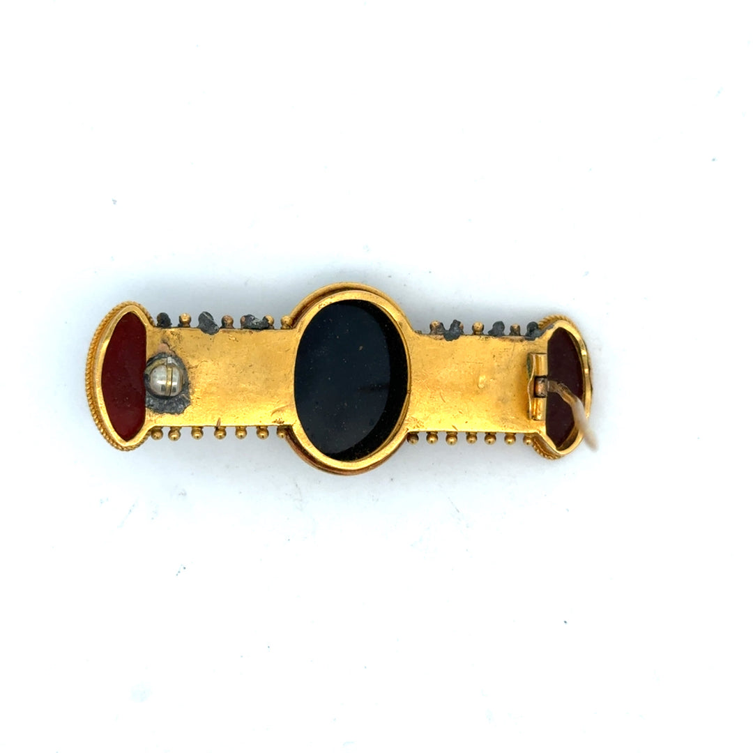 Circa 1870 Italian Archaeological Revival 18K Yellow Gold Hardstone Cameo, Carnelian Intaglio and Micromosaic Brooch