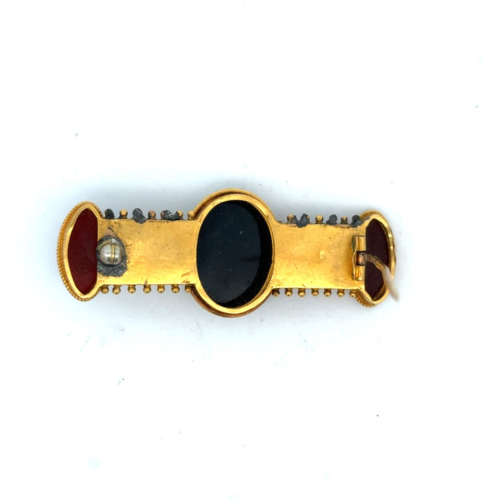 Circa 1870 Italian Archaeological Revival 18K Yellow Gold Hardstone Cameo, Carnelian Intaglio and Micromosaic Brooch