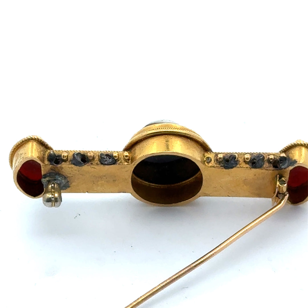 Circa 1870 Italian Archaeological Revival 18K Yellow Gold Hardstone Cameo, Carnelian Intaglio and Micromosaic Brooch