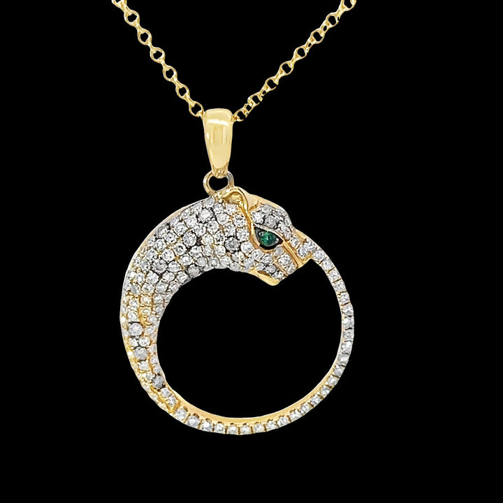 Diamond, Emerald and 14K Gold Circle Panther Necklace