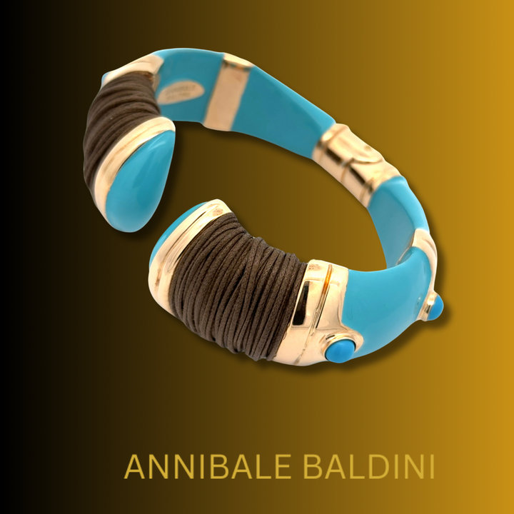 Annibale Baldini Italian Turquoise Enamel, Leather and Cabochon Bangle Bracelet