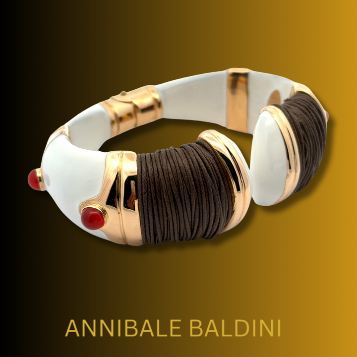 Annibale Baldini Italian White Enamel, Leather and Cabochon Bangle Bracelet