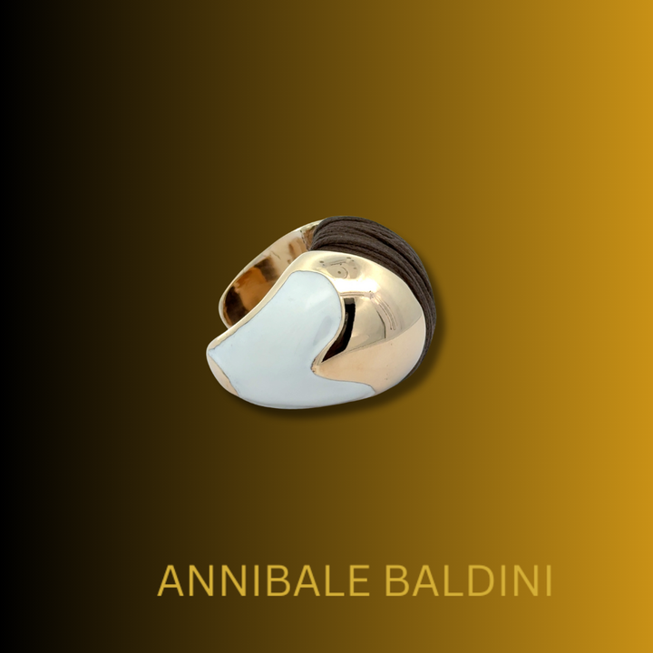 Annibale Baldini Italian White Enamel and Leather Statement Ring