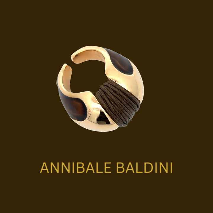 Annibale Baldini Italian Brown Enamel and Leather Statement Ring