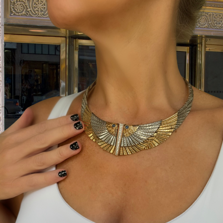 Erté "The Nile" Diamond, Blue Sapphire, 14K Gold and Sterling Silver Necklace
