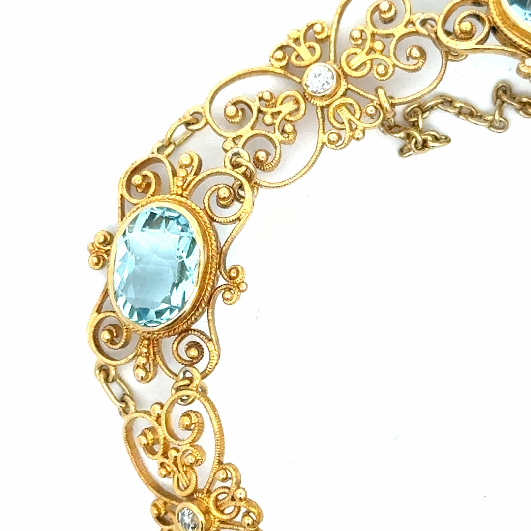 Estate 8.00cttw Aquamarine and Diamond 18K Yellow Gold Filigree Bracelet