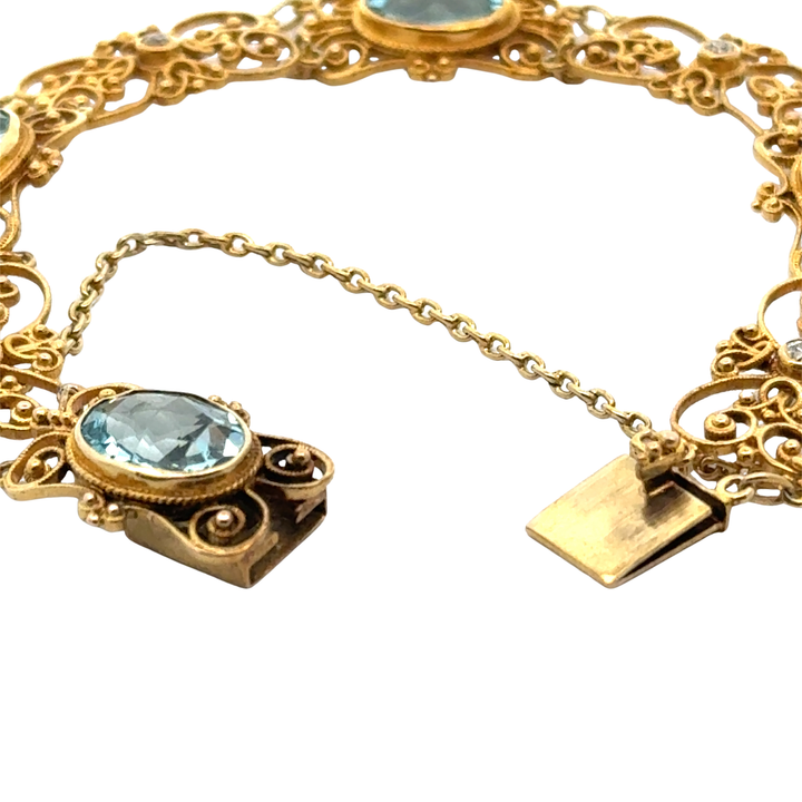 Estate 8.00cttw Aquamarine and Diamond 18K Yellow Gold Filigree Bracelet