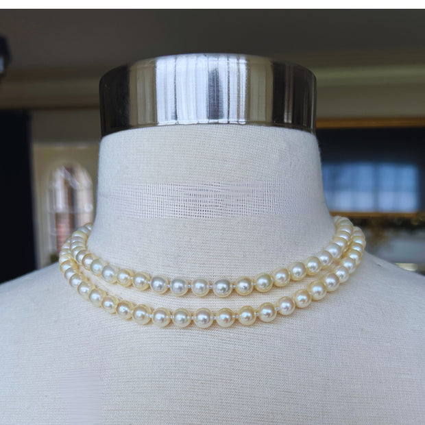 Antique Double Pearl Strand with Diamond and Emerald Clasp Necklace