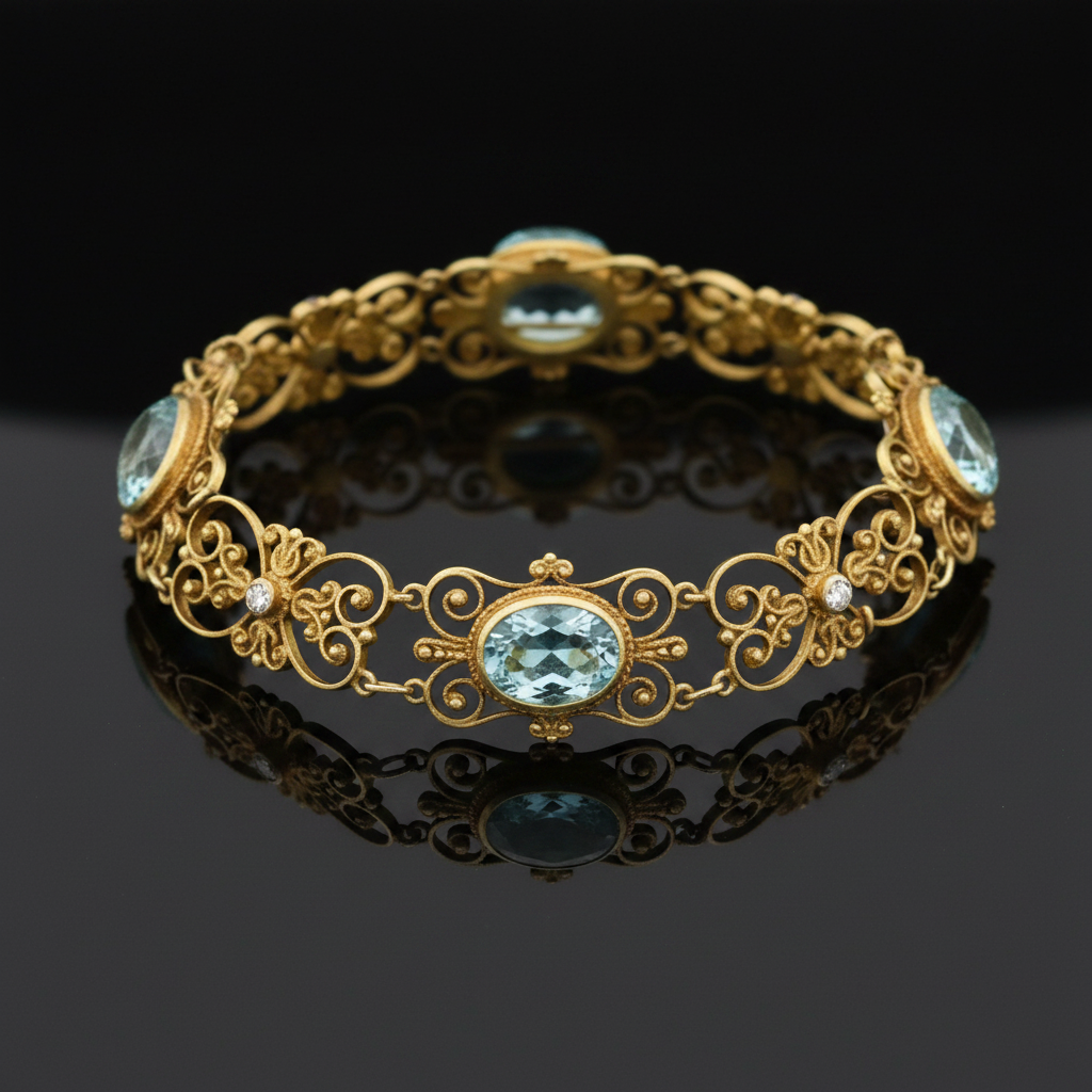 Estate 8.00cttw Aquamarine and Diamond 18K Yellow Gold Filigree Bracelet