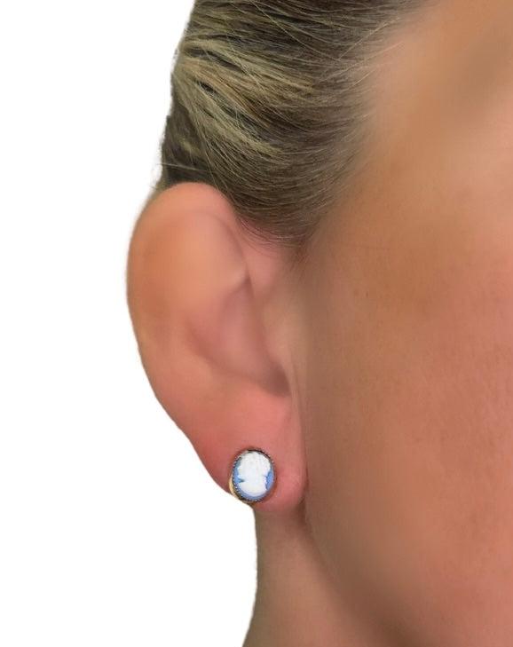 Blue and White 14K Yellow Gold Cameo Vintage Earrings