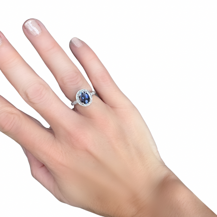 18K Gold Oval Iolite and White and Yellow Diamond Ring