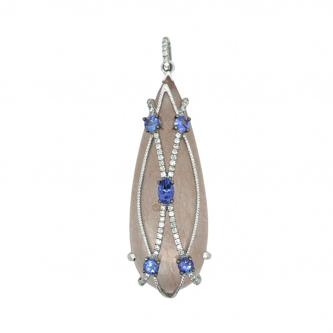 Estate Designer LM Diamond, Tanzanite, Quartz 18Kt White Gold Pendant