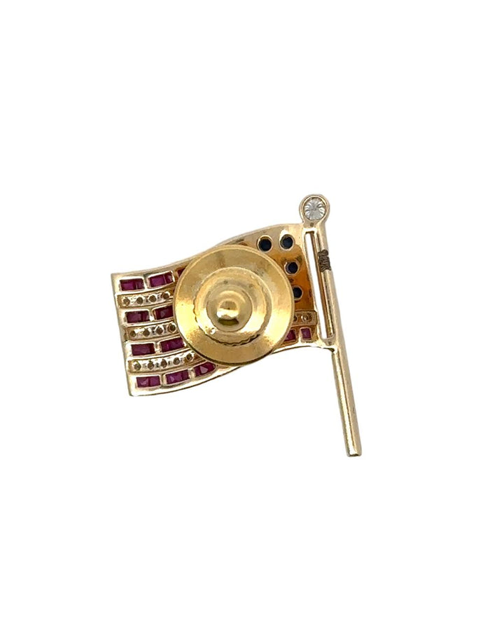 The Presidential American Flag Diamond, Ruby, Sapphire Lapel Brooch 14K Yellow Gold 15308