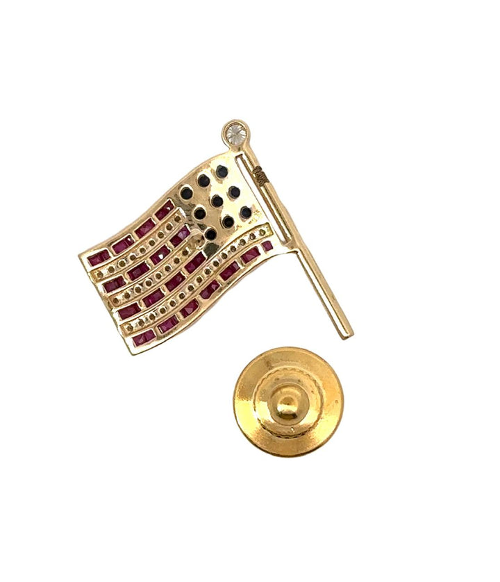 The Presidential American Flag Diamond, Ruby, Sapphire Lapel Brooch 14K Yellow Gold 15308