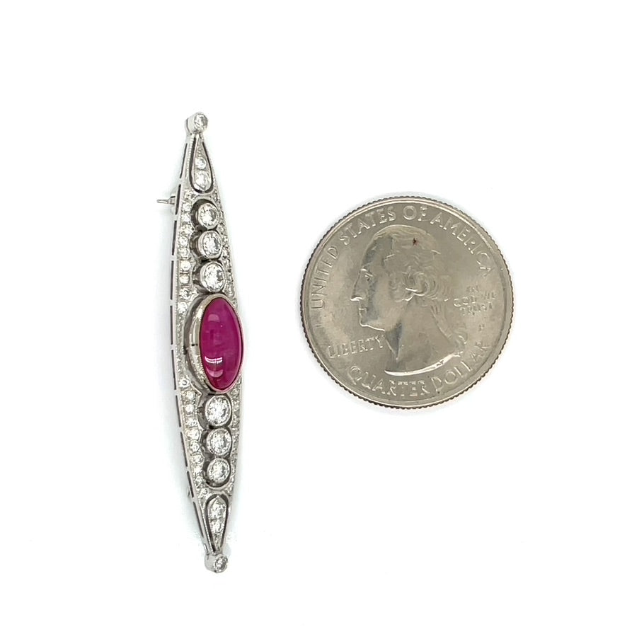 Filigree Ruby and Diamond 14K White Gold Brooch
