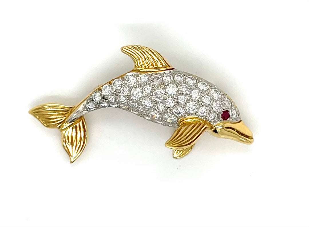 Diamond Platinum/18K Yellow Gold Dolphin Brooch