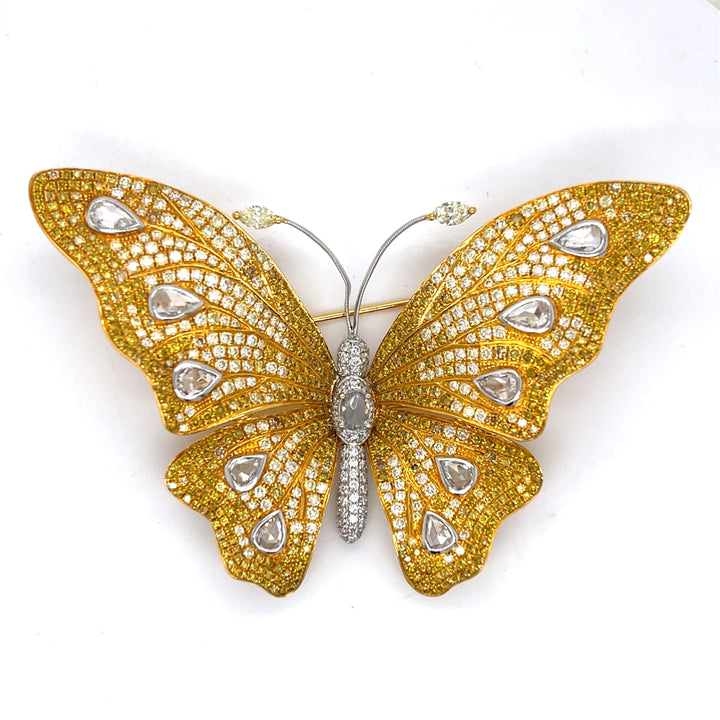Butterfly Natural Fancy Yellow and White Diamond 18Kt Yellow and White Gold Brooch