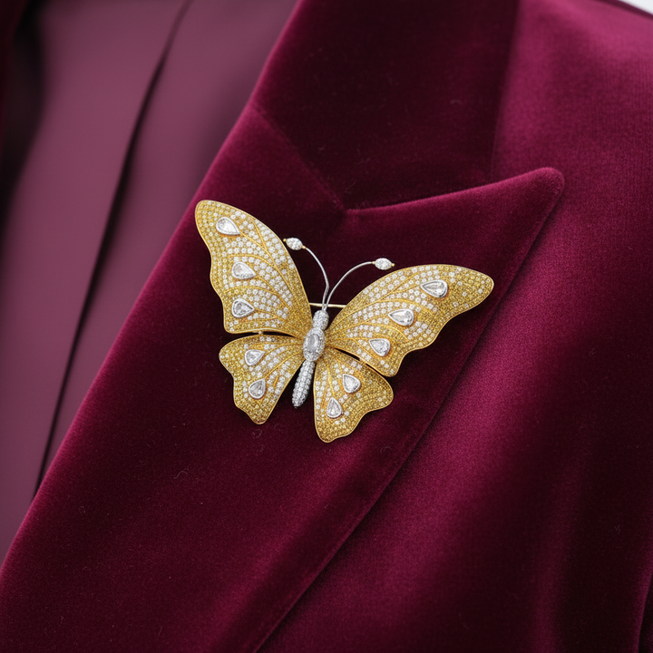 Butterfly Natural Fancy Yellow and White Diamond 18Kt Yellow and White Gold Brooch