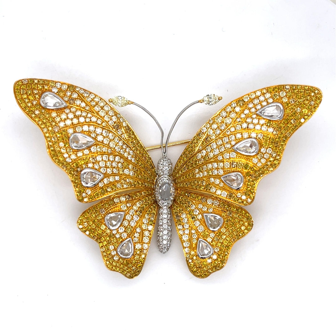 Butterfly Natural Fancy Yellow and White Diamond 18Kt Yellow and White Gold Brooch
