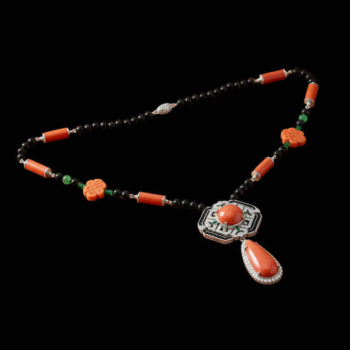 Coral Diamond Onyx Emerald 18k White Gold Necklace