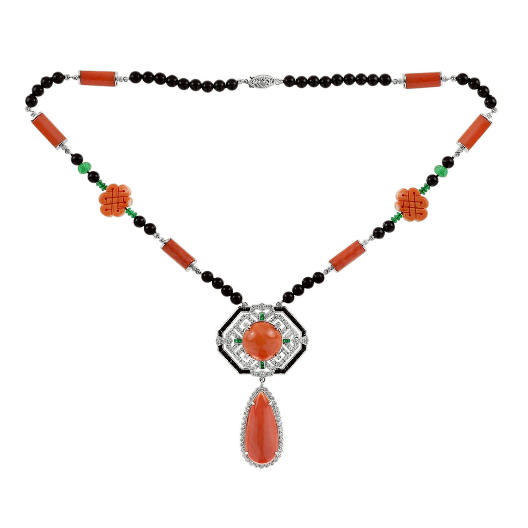 Art Deco Style Coral Diamond Onyx Emerald 18k White Gold Necklace