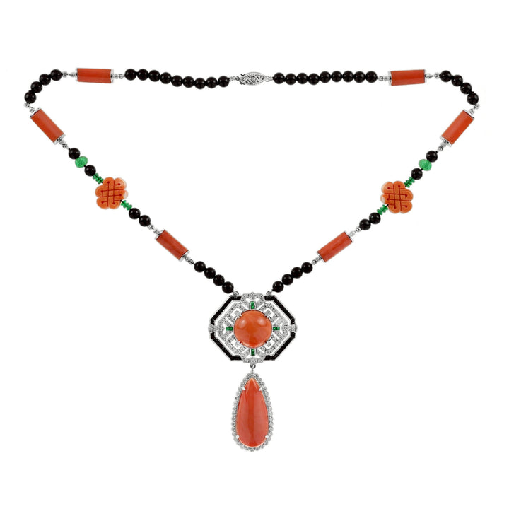 Art Deco Style Coral Diamond Onyx Emerald 18k White Gold Necklace