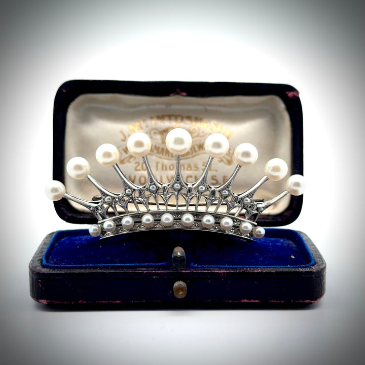 Designer Mikimoto Cultured Pearl and Platinum Crown Brooch