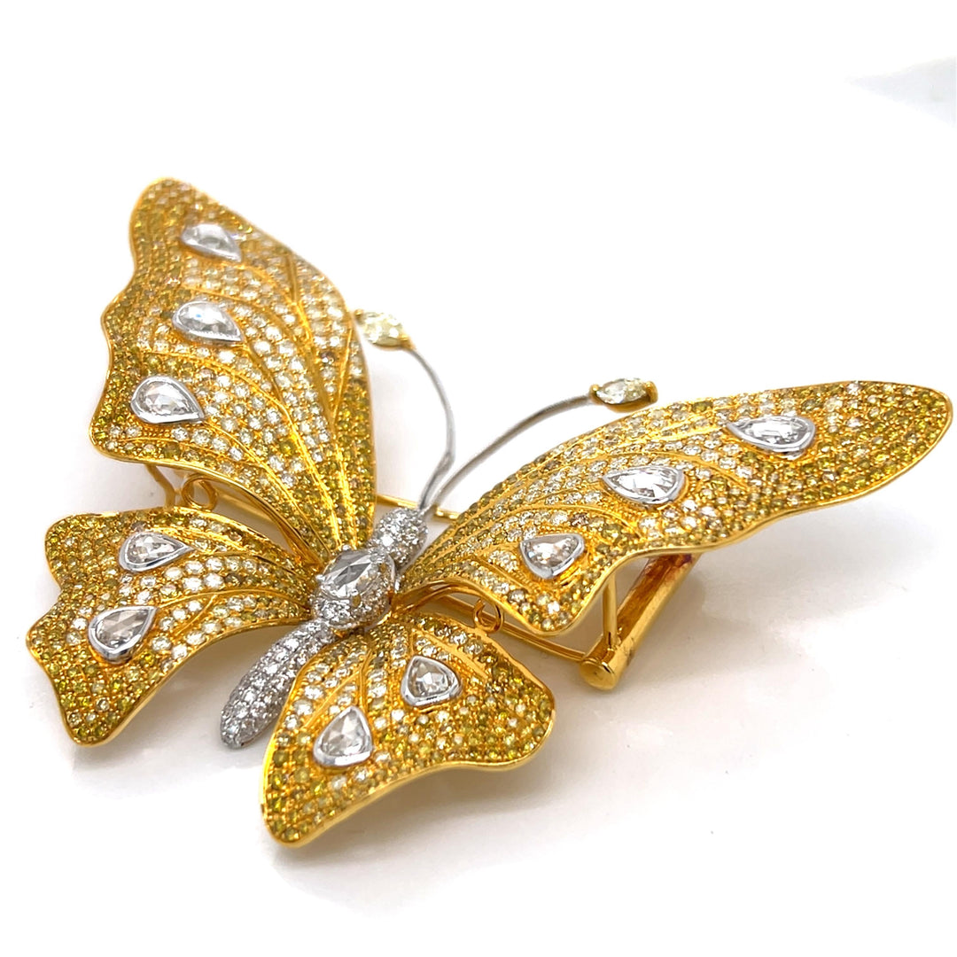 Butterfly Natural Fancy Yellow and White Diamond 18Kt Yellow and White Gold Brooch