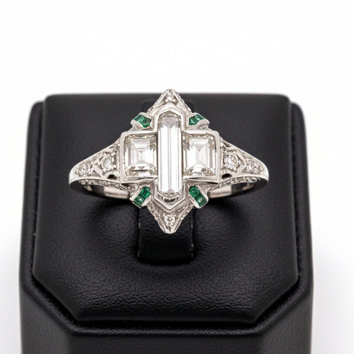 Art Deco Diamond and Emerald Platinum Ring
