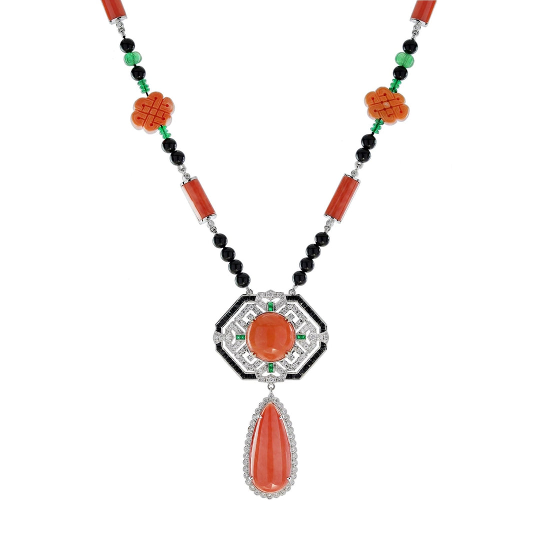 Art Deco Style Coral Diamond Onyx Emerald 18k White Gold Necklace
