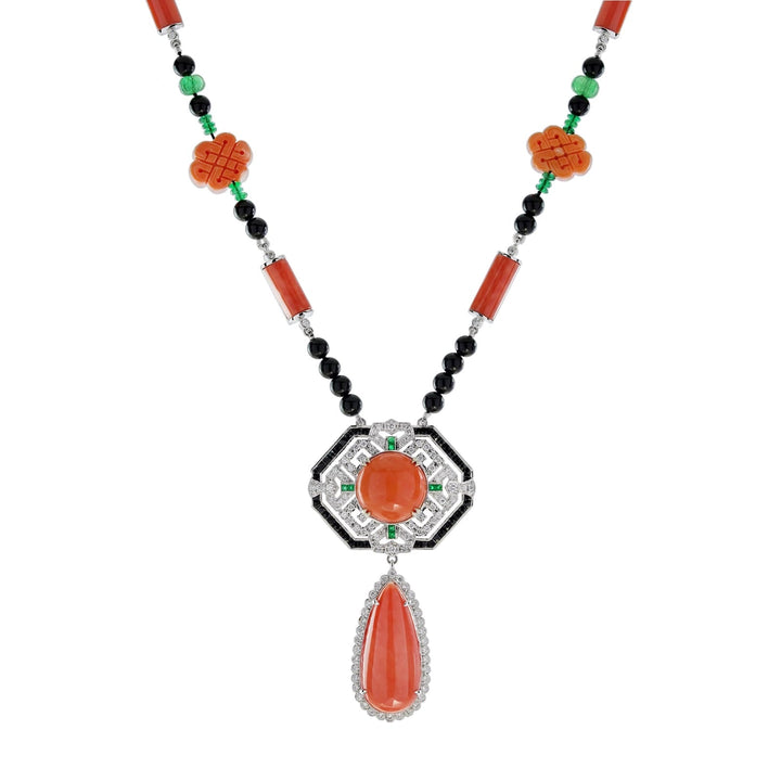 Art Deco Style Coral Diamond Onyx Emerald 18k White Gold Necklace