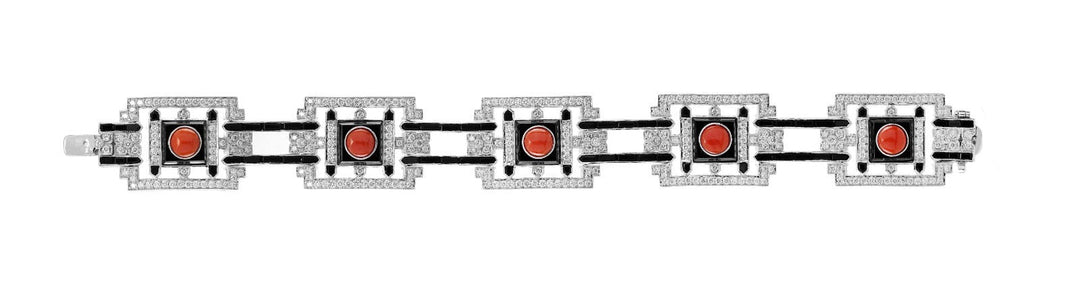 Custom Made Diamond Coral Onyx White 18K White Gold Bracelet