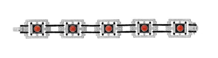 Custom Made Diamond Coral Onyx White 18K White Gold Bracelet