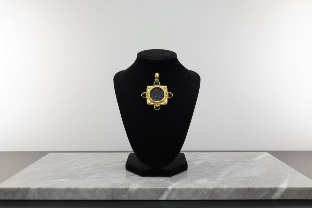 Designer Elizabeth Locke 18K Yellow Gold Onyx and Pearl Pendant/Brooch